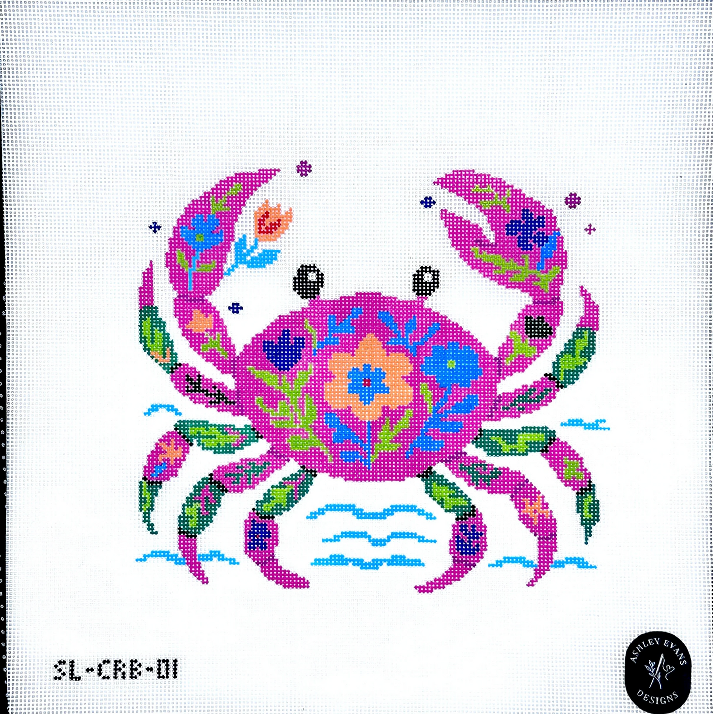 SL-CRB-01 Claws Blooms and Good Vibes Folk Crab needlepoint canvas