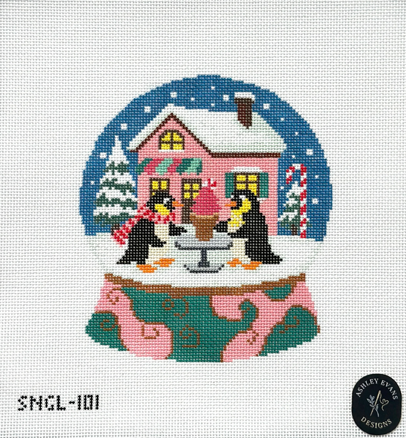 SNGL-101 Cocoa For Two Penguin Snow Globe needlepoint canvas